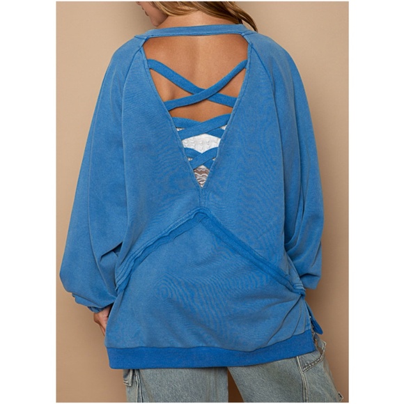 POL Cobalt Blue Cotton Oversized Criss Cross Back Detail Sweater top